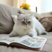 une mignonne chat en train de lire une magazine ai généré photo