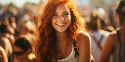 photoréaliste image de une Jeune rouge cheveux fille à une festival. souriant irlandais fille en riant et amusement. ai généré photo