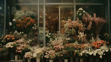 génératif ai, rue floral magasin avec coloré fleurs, esthétique en sourdine couleurs photo