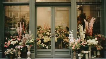 génératif ai, rue floral magasin avec coloré fleurs, esthétique en sourdine couleurs photo