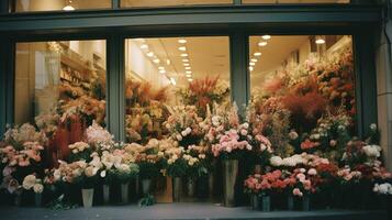 génératif ai, rue floral magasin avec coloré fleurs, esthétique en sourdine couleurs photo