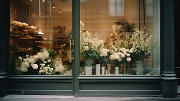 génératif ai, rue floral magasin avec coloré fleurs, esthétique en sourdine couleurs photo