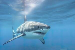 le Roi de le océan, le génial blanc Masculin requin chasseur sous-marin voir, guadalupe île, Mexique. ai génératif photo