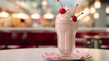 Cerise Milk-shake dans une classique américain le dîner. nourriture la photographie concept. génératif ai photo