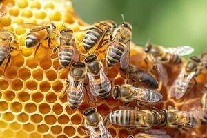 mon chéri les abeilles sur nid d'abeille dans rucher dans heure d'été, mon chéri les abeilles communiquer avec chaque autre, ai génératif photo