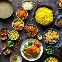 poulet dhum biriyani en utilisant Jeera riz et épices arrangé dans en terre vaisselle avec raitha et citron cornichon par ai généré photo