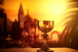 d'or calice de du vin sur flou lumière du soleil église Contexte. génératif ai. photo