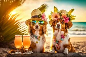 deux mignonne chiens repos sur le plage, génératif ai photo