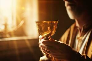 mains de le le pape célèbre le eucharistie avec corps et du sang de Christ. génératif ai photo