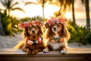 deux mignonne chiens repos sur le plage, génératif ai photo