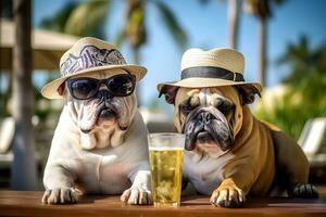 deux mignonne chiens repos sur le plage, génératif ai photo