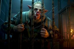 effrayant ressemblant à un cochon criminel derrière bars dans une prison cellule, génératif ai photo