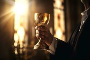 mains de le le pape célèbre le eucharistie avec corps et du sang de Christ. génératif ai photo