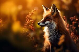 une Renard dans le forêt. Renard sur le Contexte de des arbres et feuillage. photo