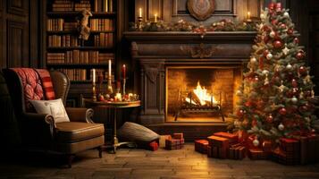 Noël scène imaginer une chaud et attrayant vacances réglage avec une magnifiquement décoré Noël arbre entouré par cadeaux, une confortable balancement chaise, et une crépitement cheminée. photo