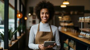 souriant femelle entrepreneur en portant tablette dans sa café photo