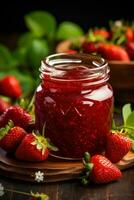 fermer de fait maison fraise confiture dans une verre pot photo