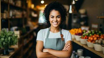 souriant femelle entrepreneur en portant tablette dans sa café photo