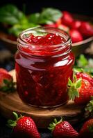 fermer de fait maison fraise confiture dans une verre pot photo