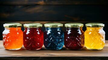 coloré pots de fait maison confiture sur rustique en bois table photo