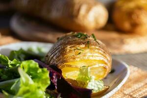 cuit veste patates avec plonger, mixte vert salade feuilles et chanvre pétrole photo