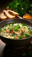 chaud bol de poulet nouille soupe avec Frais herbes photo