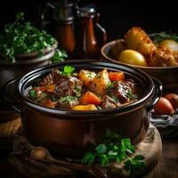 copieux du boeuf Ragoût avec des légumes dans une rustique pot photo