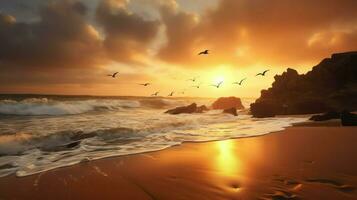 mouettes volant sur la plage au coucher du soleil photo