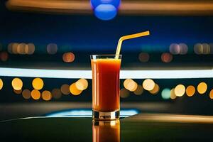 une verre de Orange jus sur une table dans de face de une ville ligne d'horizon. généré par ai photo