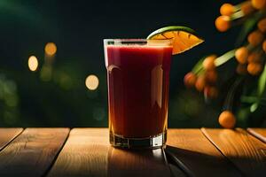 une verre de rouge jus sur une en bois tableau. généré par ai photo