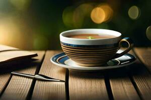 une tasse de thé sur une en bois tableau. généré par ai photo