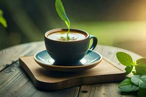 une tasse de café avec une vert plante sur le tableau. généré par ai photo