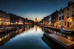 une canal dans le milieu de une ville à nuit. généré par ai photo