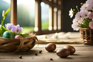 Pâques des œufs dans une panier. généré par ai photo