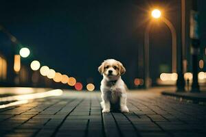 une chien permanent sur une rue à nuit. généré par ai photo