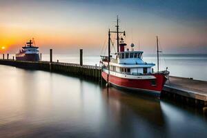 une rouge et blanc bateau amarré à une Dock à le coucher du soleil. généré par ai photo