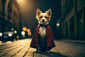 une chien portant une rouge manteau permanent sur une rue à nuit. généré par ai photo