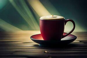 une rouge tasse de café sur une en bois tableau. généré par ai photo