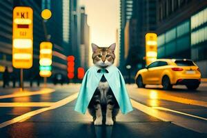 une chat habillé comme une super-héros permanent sur le rue. généré par ai photo