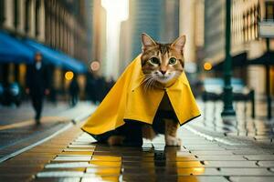 une chat portant une Jaune cap sur une ville rue. généré par ai photo