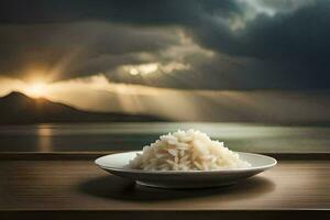 une assiette de riz sur une table avec une vue de le océan. généré par ai photo