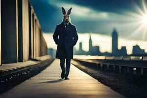 une lapin portant une costume et attacher en marchant sur une train piste. généré par ai photo