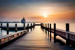 une Dock à le coucher du soleil avec une bateau dans le distance. généré par ai photo