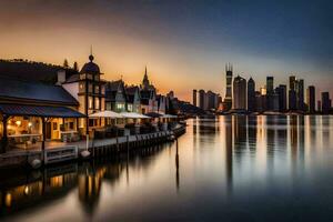une ville horizon à crépuscule avec une Dock et bâtiments. généré par ai photo