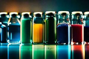 une rangée de coloré bouteilles avec différent coloré liquides. généré par ai photo