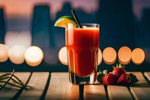 une boisson avec des fraises et une citron vert sur une tableau. généré par ai photo