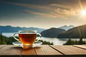 une tasse de thé sur une en bois table dans de face de une lac. généré par ai photo