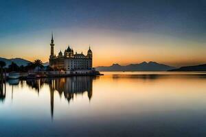 le le coucher du soleil est réfléchi dans le l'eau et une grand bâtiment. généré par ai photo