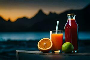 Orange jus et citron vert sur une table avec montagnes dans le Contexte. généré par ai photo