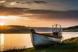 une bateau est assis sur le rive de une Lac à le coucher du soleil. généré par ai photo